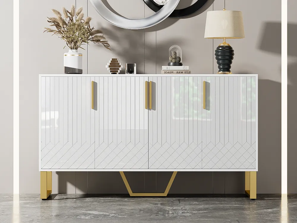 Modern dressoir - 4 gegraveerde getextureerde deuren met gouden handgrepen - Wit ModernLuxe