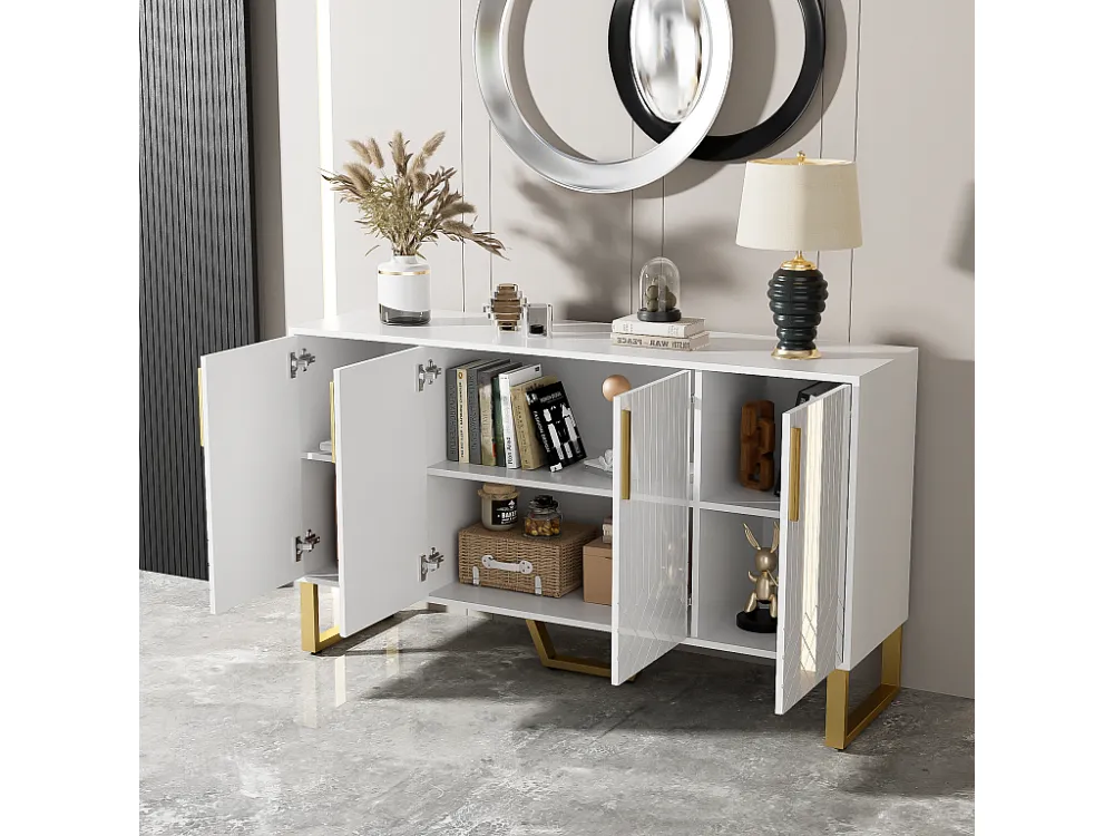 Modern dressoir - 4 gegraveerde getextureerde deuren met gouden handgrepen - Wit ModernLuxe