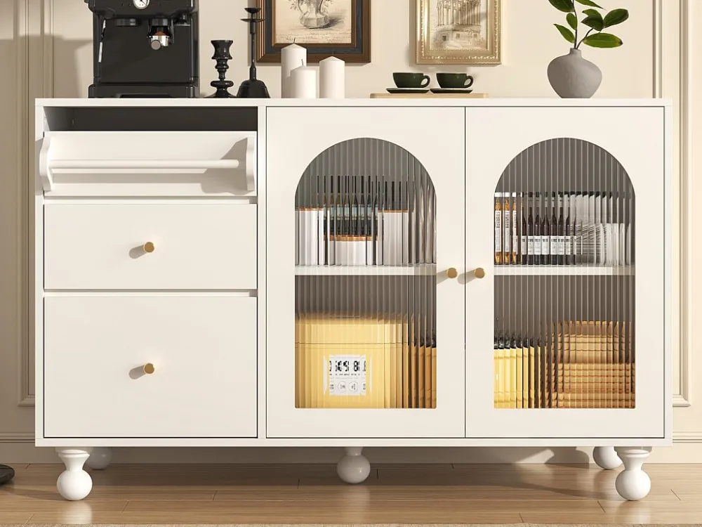 Modern dressoir - 2 glazen deuren en 3 lades - MDF - Wit ModernLuxe