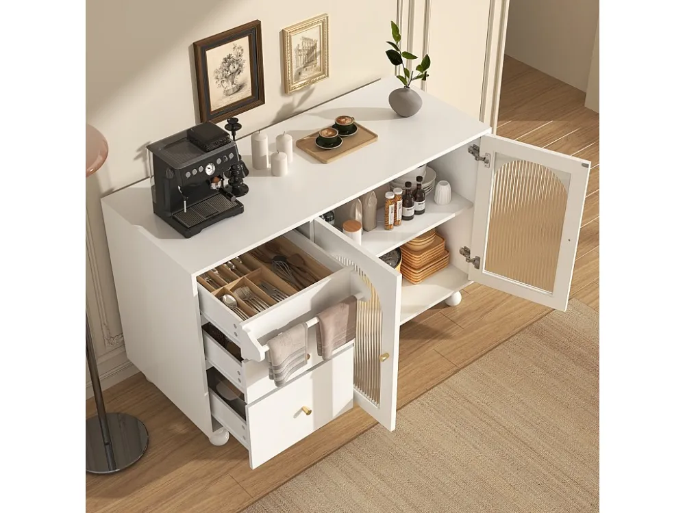 Modern dressoir - 2 glazen deuren en 3 lades - MDF - Wit ModernLuxe