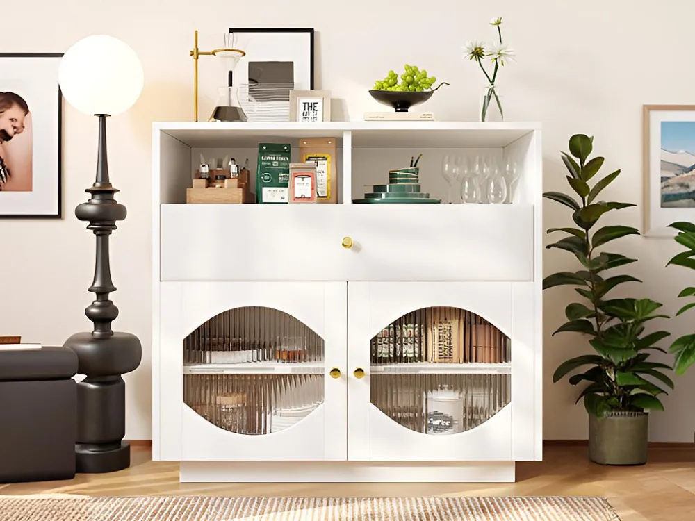 Modern dressoir - 1 lade, 4 planken en open vak - MDF - Wit ModernLuxe