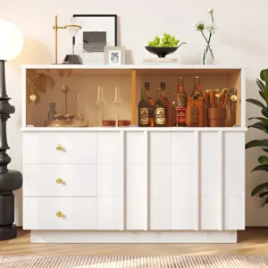 Modern dressoir - 3 laden, 2 planken en glazen scheidingswand - MDF - Wit ModernLuxe