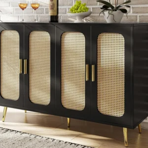 Modern dressoir - MDF - 4 rotan deuren - Zwart ModernLuxe