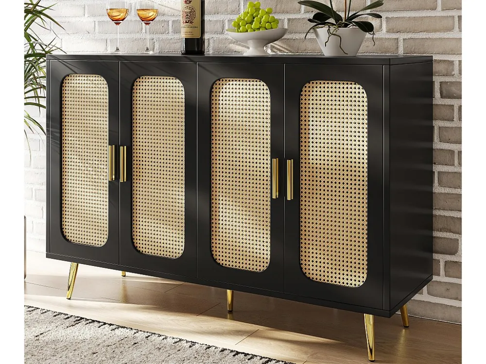 Modern dressoir - MDF - 4 rotan deuren - Zwart ModernLuxe