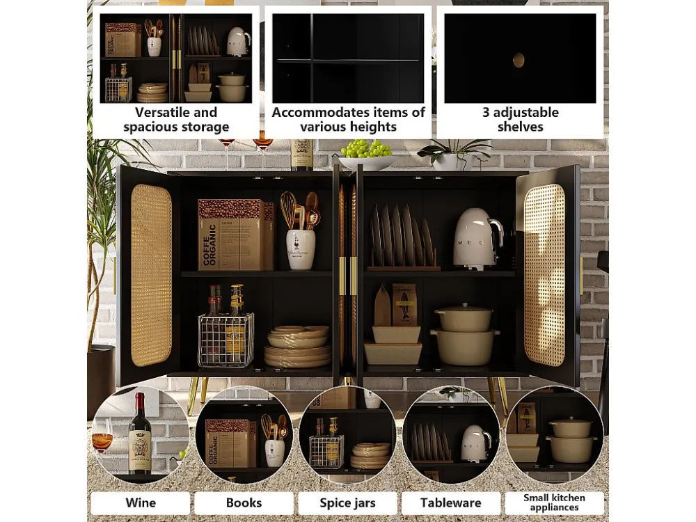 Modern dressoir - MDF - 4 rotan deuren - Zwart ModernLuxe