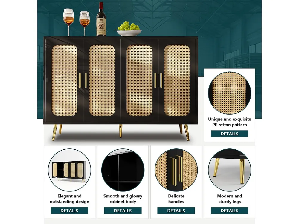 Modern dressoir - MDF - 4 rotan deuren - Zwart ModernLuxe
