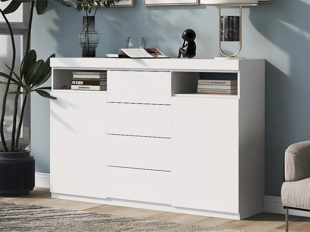 Modern dressoir met LED en 4 laden 2 open vakken - wit ModernLuxe