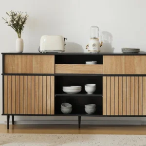 Modern dressoir - 4 schuifdeuren en 1 lade - met verstelbare planken - Naturel & Zwart ModernLuxe