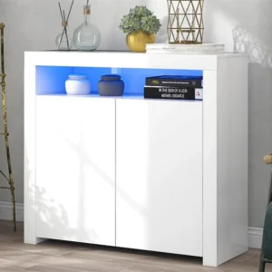 Opbergdressoir met LED-verlichting en 2 deuren voor woonkamer en eetkamer - wit ModernLuxe