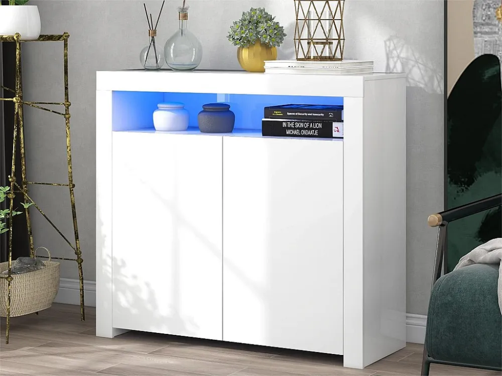 Opbergdressoir met LED-verlichting en 2 deuren voor woonkamer en eetkamer - wit ModernLuxe