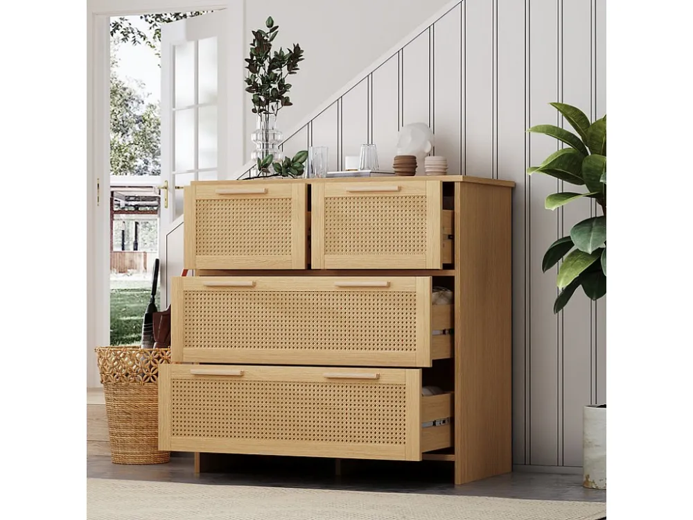 Rotan dressoir - 4 laden met massief houten handgrepen - Naturel ModernLuxe
