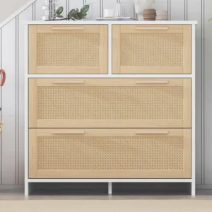 Rotan dressoir - 4 lades met massief houten handgrepen - Naturel & Wit ModernLuxe