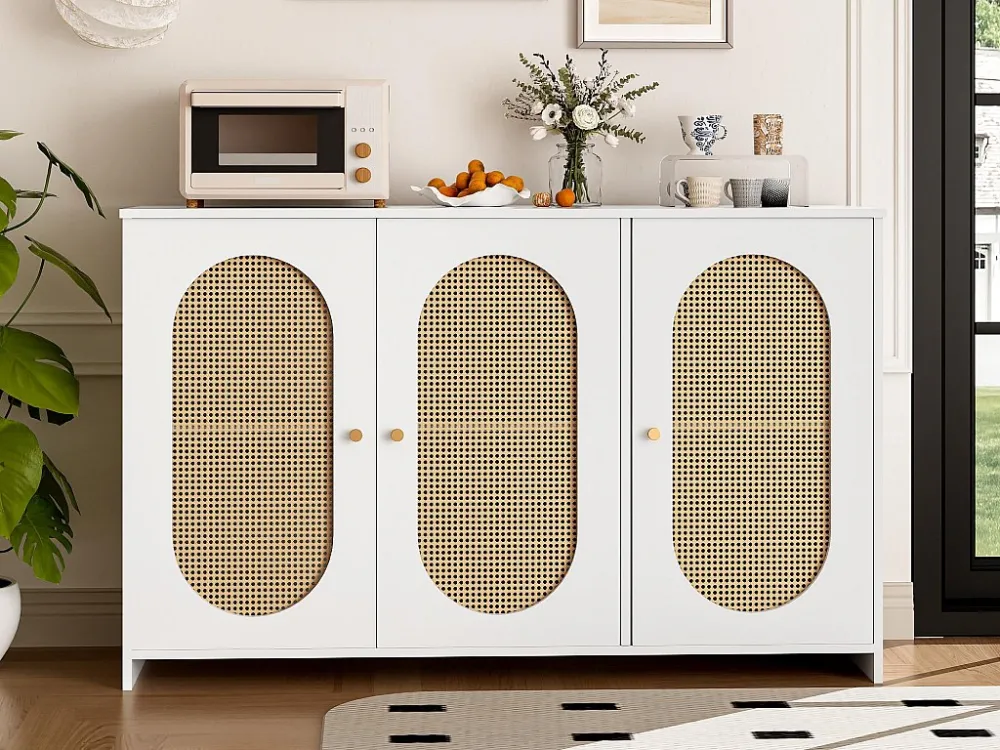 Rotan dressoir met 3 deuren en verstelbare planken - MDF - Wit ModernLuxe
