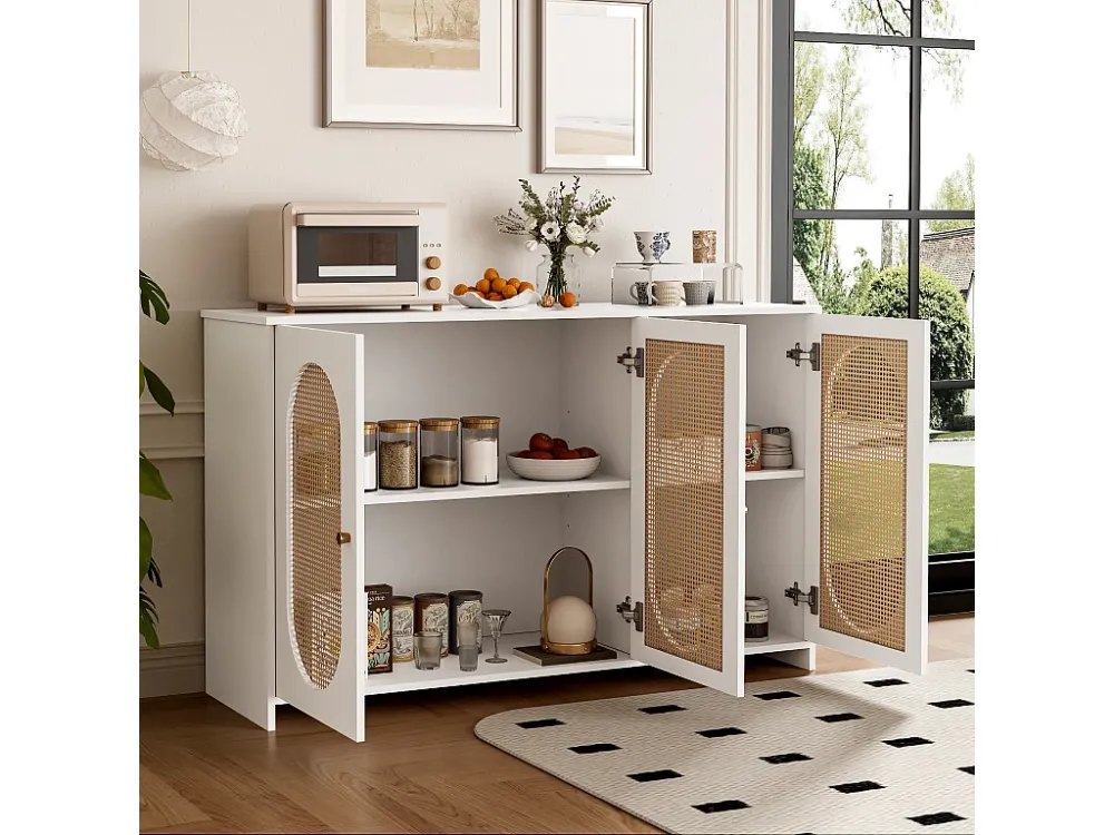Rotan dressoir met 3 deuren en verstelbare planken - MDF - Wit ModernLuxe