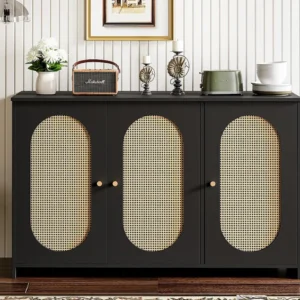 Rotan dressoir met 3 deuren en verstelbare planken - MDF - Zwart ModernLuxe