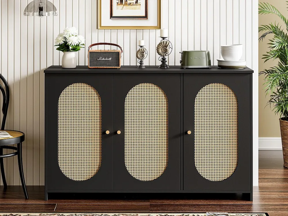 Rotan dressoir met 3 deuren en verstelbare planken - MDF - Zwart ModernLuxe