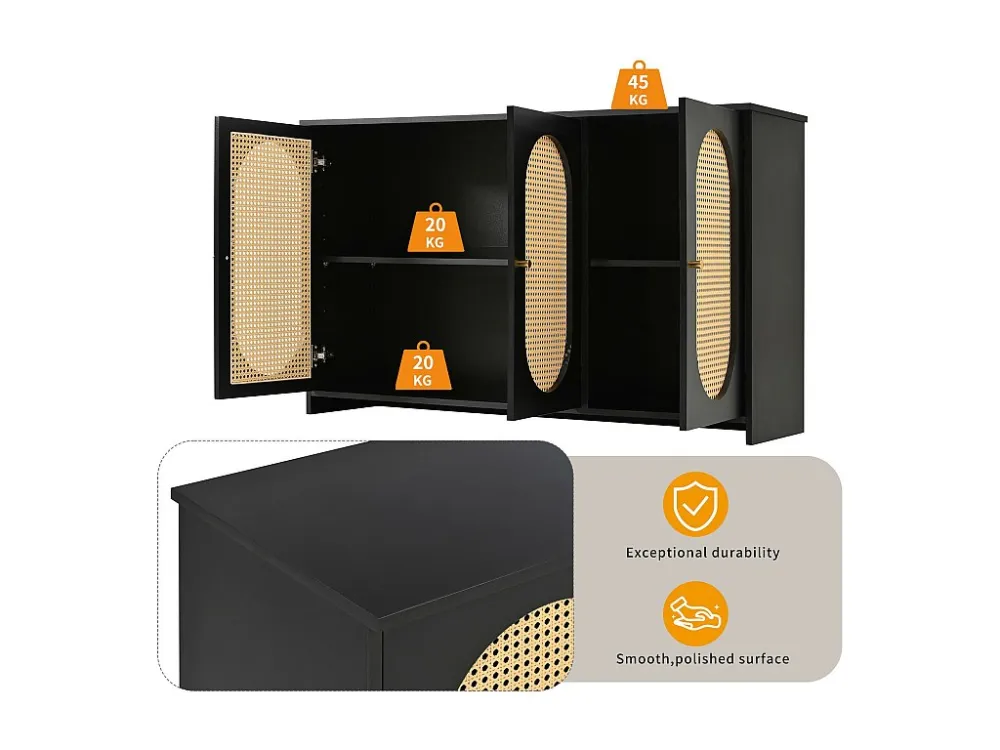 Rotan dressoir met 3 deuren en verstelbare planken - MDF - Zwart ModernLuxe