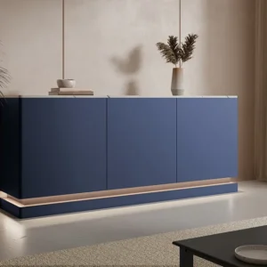 Buffetkast met 3 deuren en ledverlichting van mdf - Blauw met wit marmereffect - DEVIKA van Pascal MORABITO