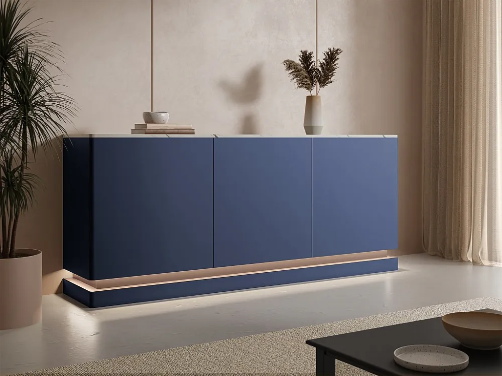 Buffetkast met 3 deuren en ledverlichting van mdf - Blauw met wit marmereffect - DEVIKA van Pascal MORABITO