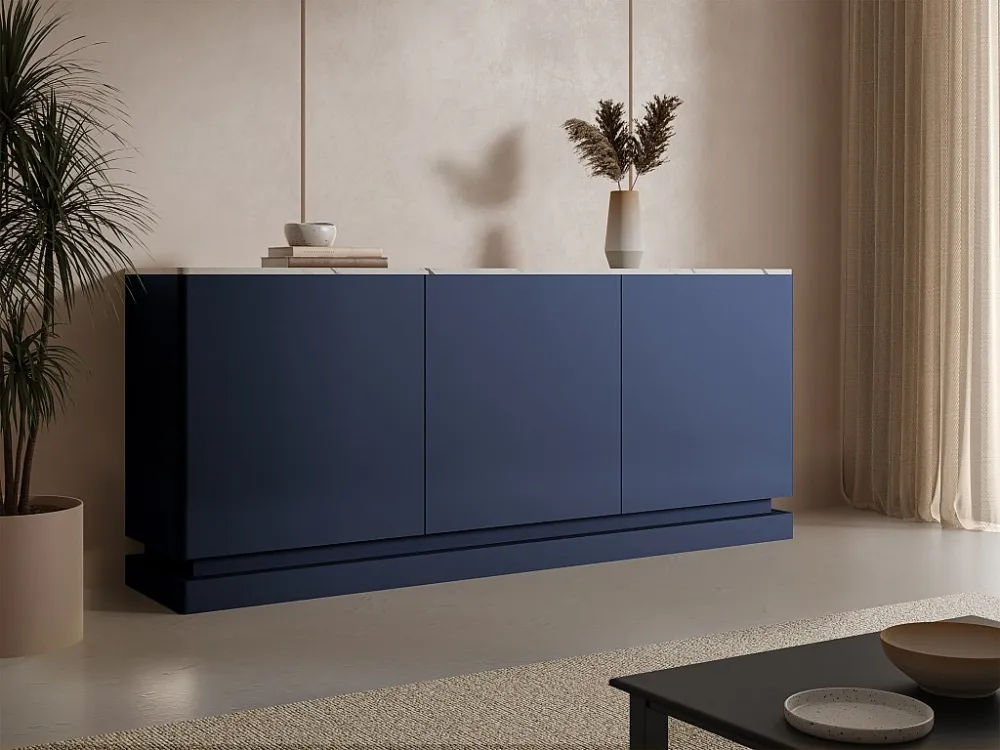 Buffetkast met 3 deuren en ledverlichting van mdf - Blauw met wit marmereffect - DEVIKA van Pascal MORABITO