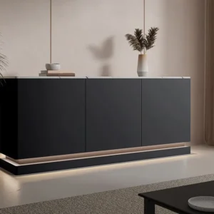 Buffetkast met 3 deuren en ledverlichting van mdf - Zwart met wit marmereffect - DEVIKA van Pascal MORABITO
