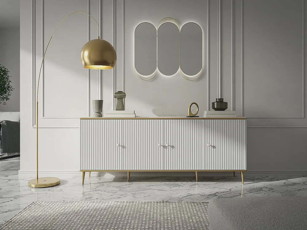 Buffetkast met 4 deurtjes van mdf en staal - Wit en goudkleurig - SINEAD PASCAL MORABITO