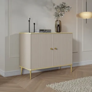 Hoge buffetkast met 2 deurtjes van mdf en staal - Beige en goudkleurig - SINEAD van Pascal MORABITO