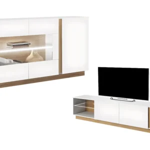 Set wit glanzend en naturelkleurige buffetkast en tv-meubel - Heldere woonkamer MURARI