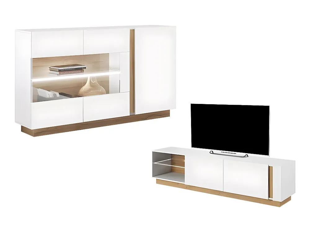 Set wit glanzend en naturelkleurige buffetkast en tv-meubel - Heldere woonkamer MURARI