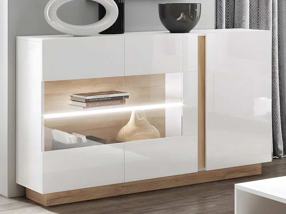 Set wit glanzend en naturelkleurige buffetkast en tv-meubel - Heldere woonkamer MURARI