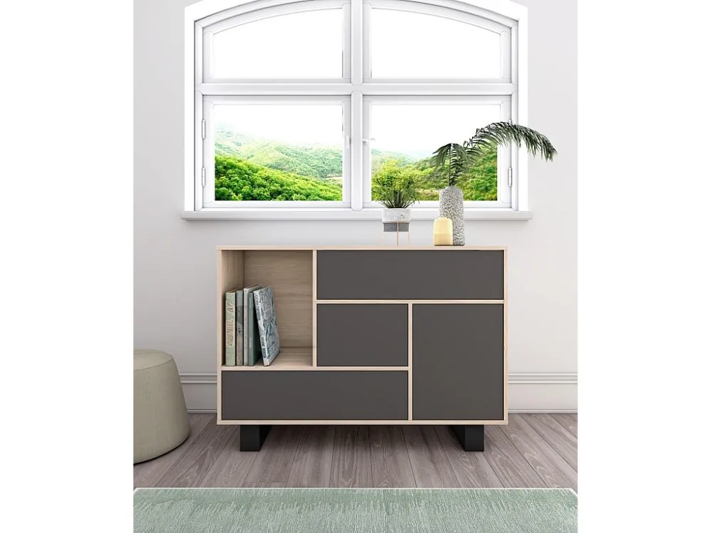 Sabreess Furniture - Buffet, Windmodel, 120x40x86 cm, Woonkamer, hal, kantoor, Eik en grijs, Moderne stijl Skraut Home