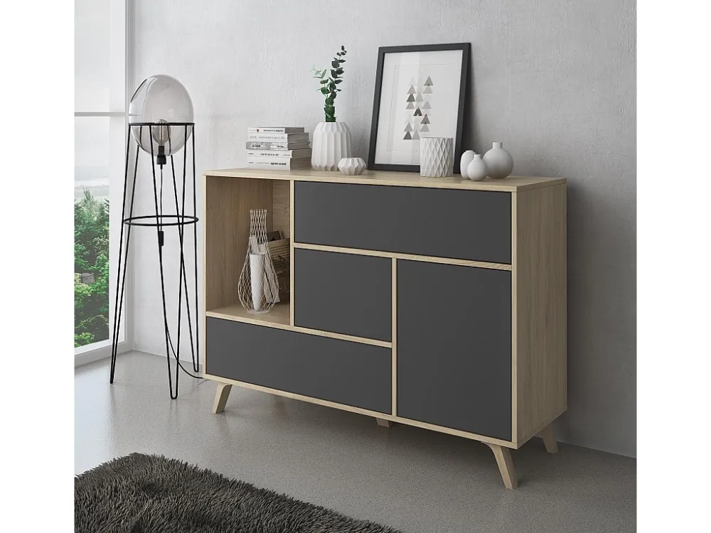 Sabreess Furniture - Buffet, Windmodel, 120x40x86 cm, Woonkamer, hal, kantoor, Eik en grijs, Moderne stijl Skraut Home