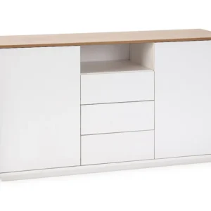 Dressoir Bob 3 laden en 2 deuren Wit/Eiken, Massief Hout VS Venta-stock