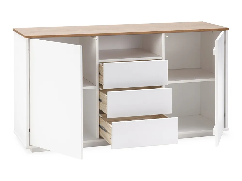 Dressoir Bob 3 laden en 2 deuren Wit/Eiken, Massief Hout VS Venta-stock