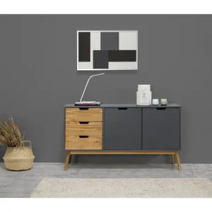 Dressoir Java 3 laden en 2 deuren Antraciet/Was, Massief grenenhout, 140 cm lengte VS Venta-stock