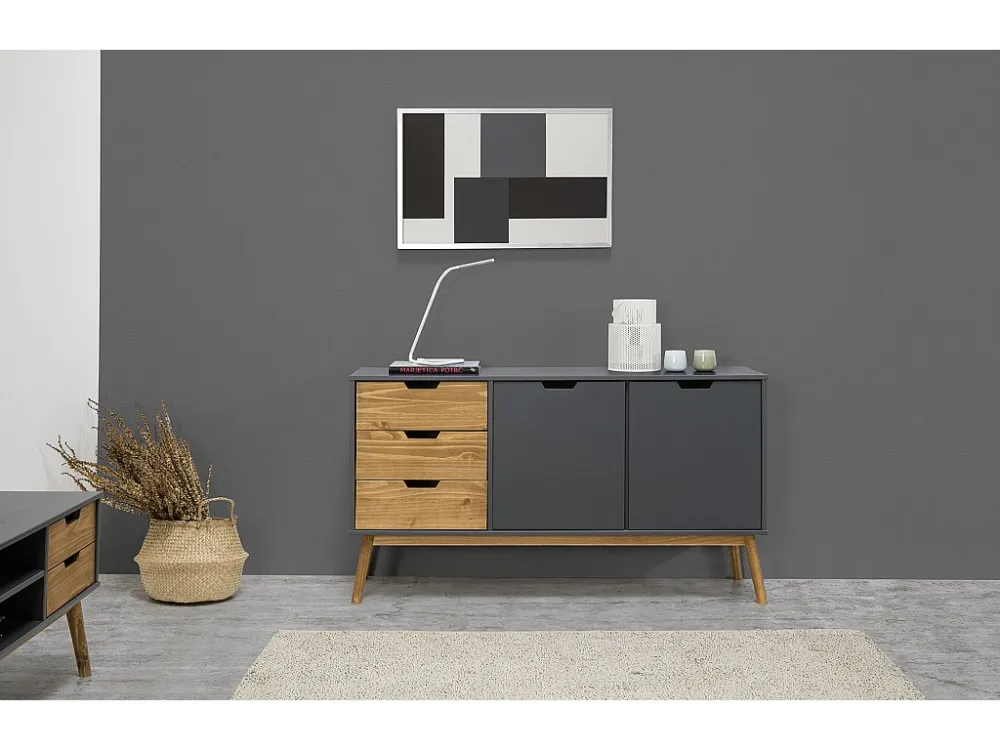 Dressoir Java 3 laden en 2 deuren Antraciet/Was, Massief grenenhout, 140 cm lengte VS Venta-stock