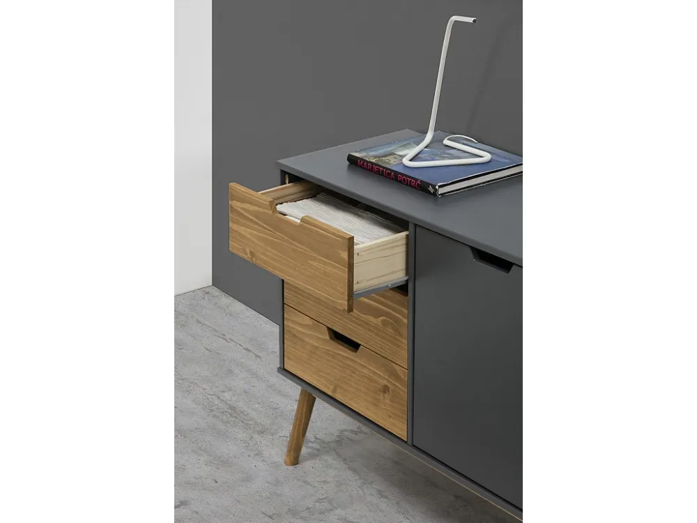 Dressoir Java 3 laden en 2 deuren Antraciet/Was, Massief grenenhout, 140 cm lengte VS Venta-stock