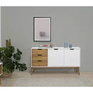 Dressoir Java 3 laden en 2 deuren Wit/Was, Massief grenenhout, 140 cm lengte VS Venta-stock