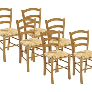 Set van 6 stoelen PAYSANNE - Massief beuken kleur eiken, rijststro