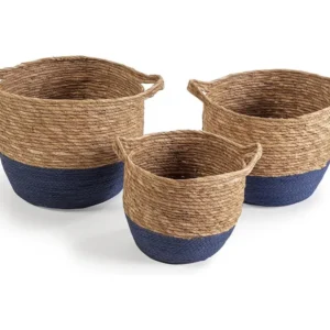 Set van 3 Anxo manden van natuurlijke vezels met handvatten, blauw/natuurlijk VS Venta-stock