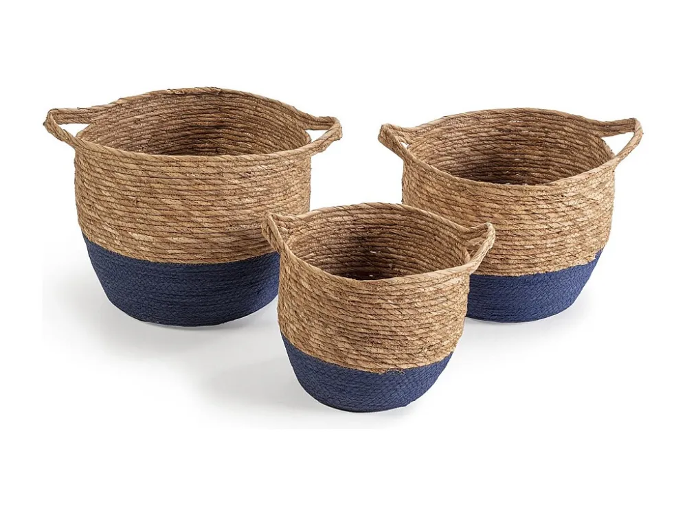 Set van 3 Anxo manden van natuurlijke vezels met handvatten, blauw/natuurlijk VS Venta-stock