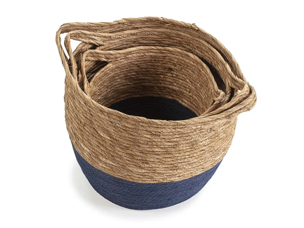 Set van 3 Anxo manden van natuurlijke vezels met handvatten, blauw/natuurlijk VS Venta-stock