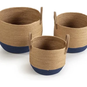 Set van 3 manden Tecla van natuurlijke vezels met handvatten, blauw/natuurlijk VS Venta-stock