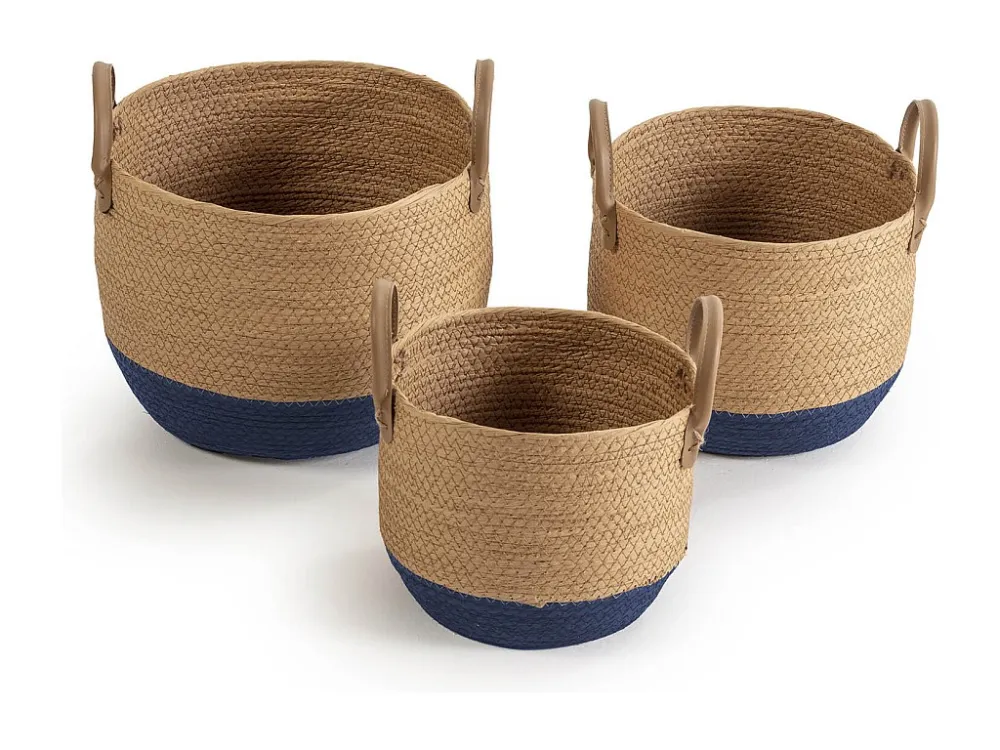Set van 3 manden Tecla van natuurlijke vezels met handvatten, blauw/natuurlijk VS Venta-stock