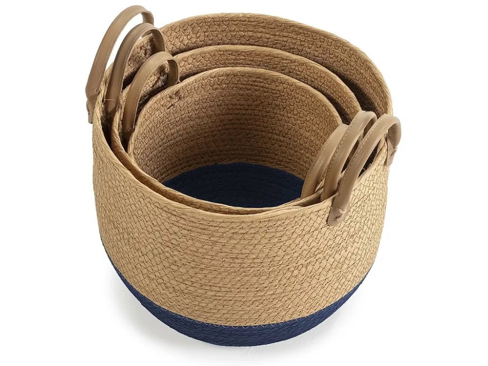 Set van 3 manden Tecla van natuurlijke vezels met handvatten, blauw/natuurlijk VS Venta-stock