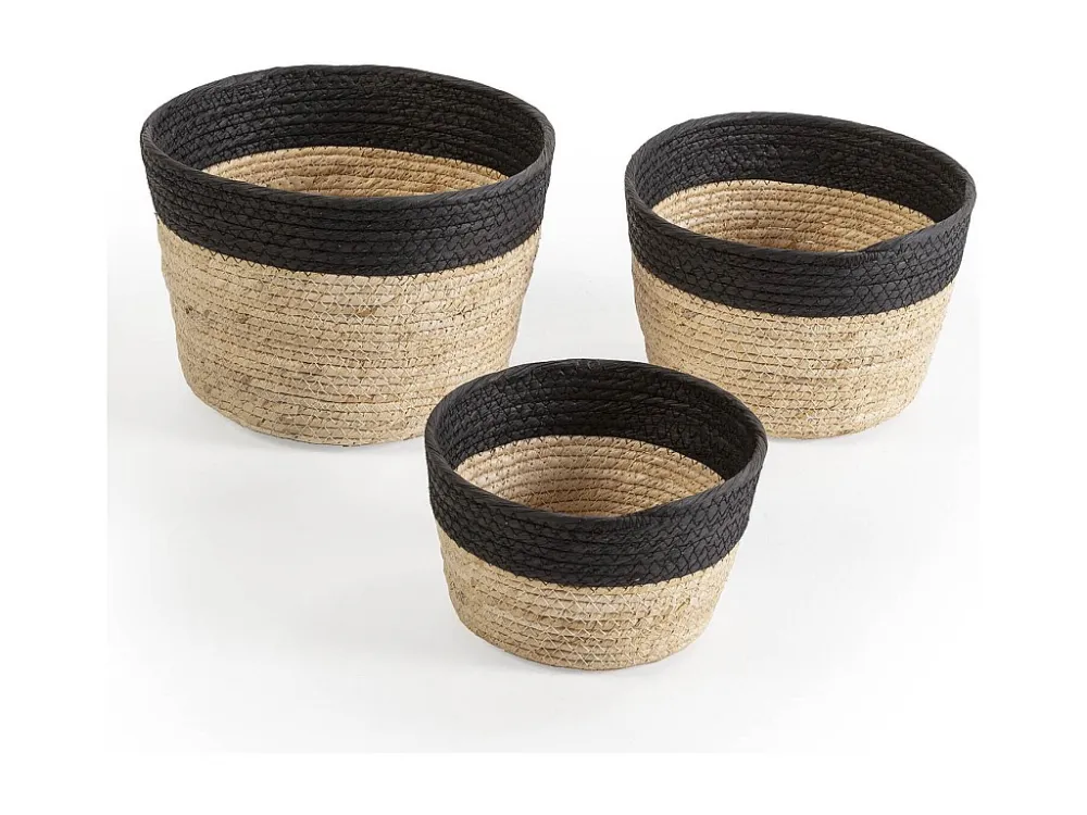 Set van 3 Nati-manden van natuurlijke vezels en papier, zwart/beige. VS Venta-stock