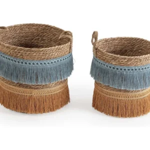 Set van 2 natuurlijke vezelmanden met handvatten, blauw/oranje VS Venta-stock