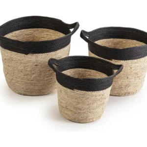 Set van 3 Otilia manden van natuurlijke vezels en papier, zwart/beige met handvatten. VS Venta-stock