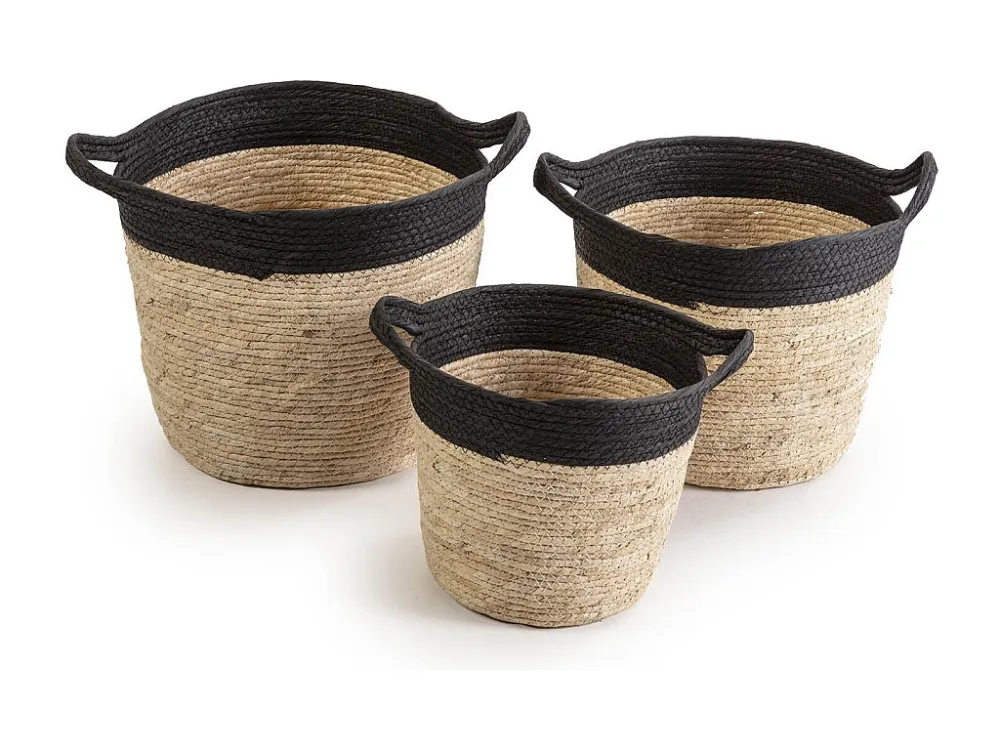 Set van 3 Otilia manden van natuurlijke vezels en papier, zwart/beige met handvatten. VS Venta-stock