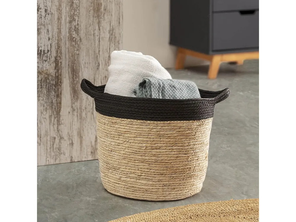 Set van 3 Otilia manden van natuurlijke vezels en papier, zwart/beige met handvatten. VS Venta-stock